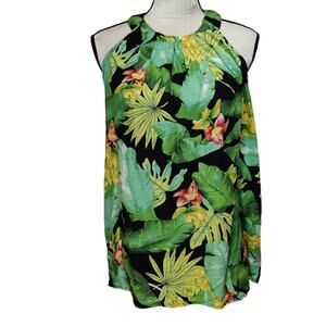 Nicole Miller Sz M Tropical Linen Blend Halter Tank Top Black Green Botanical